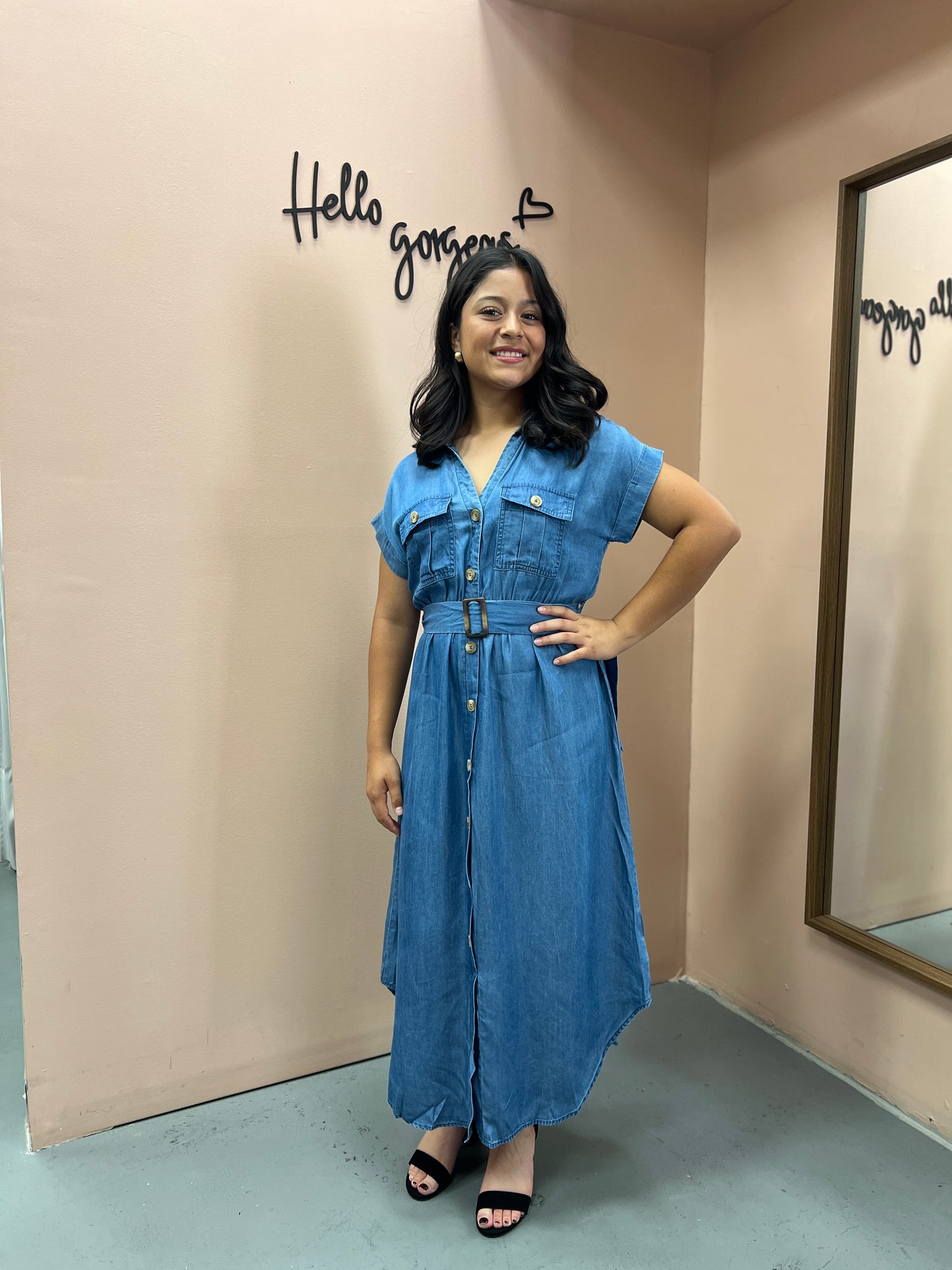 Chambray Double Pocket Long Dress